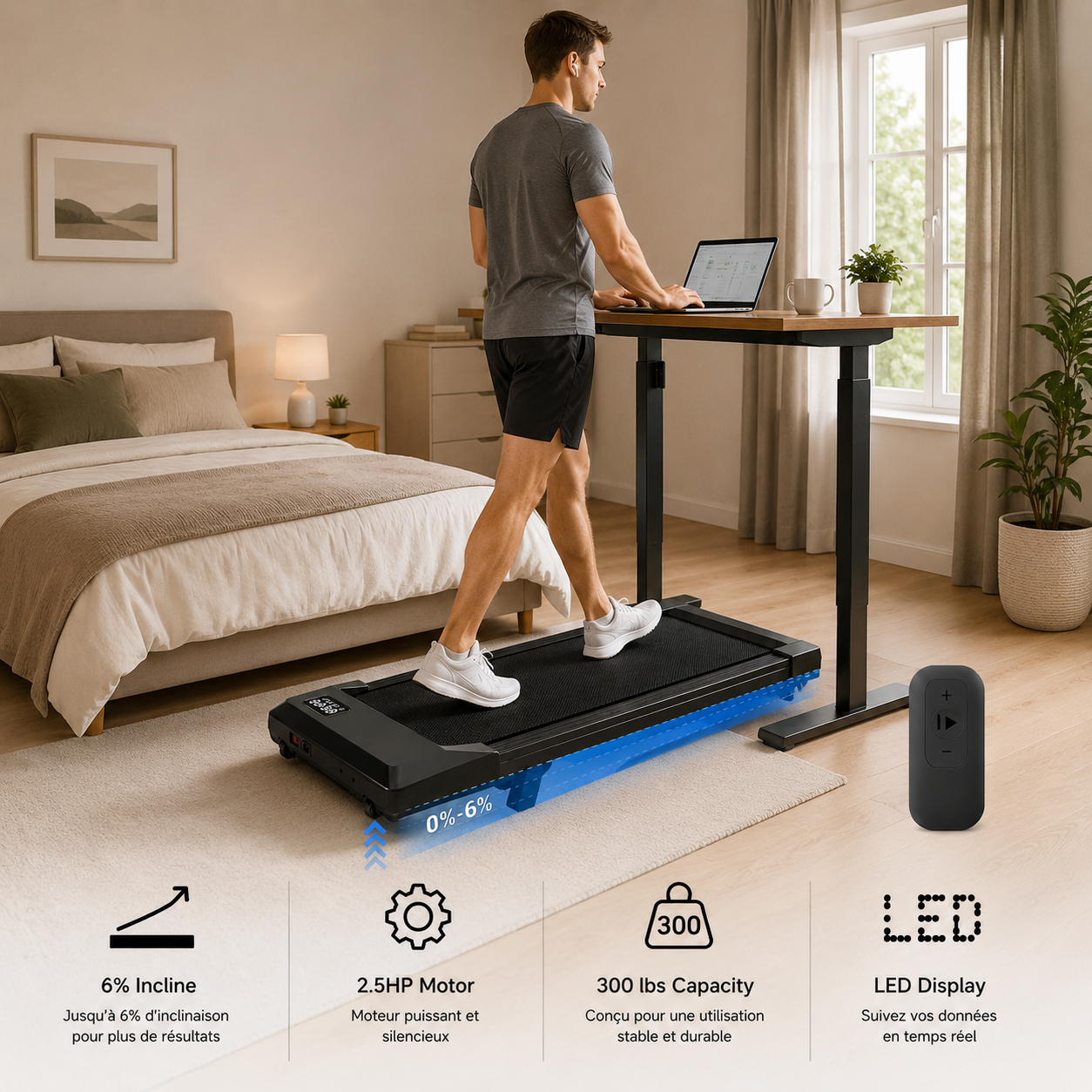 Foldable 6 Slope Under Desk Treadmills 2.5HP Quiet Walking Pad Portable Remote Control LED Display 300LBS Exercise Walkingpad