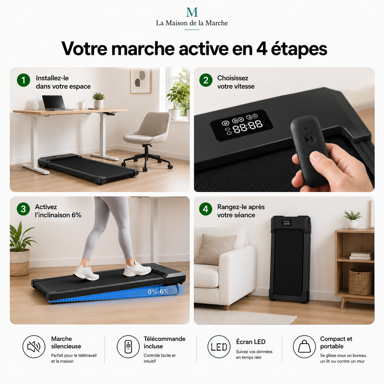 Foldable 6 Slope Under Desk Treadmills 2.5HP Quiet Walking Pad Portable Remote Control LED Display 300LBS Exercise Walkingpad