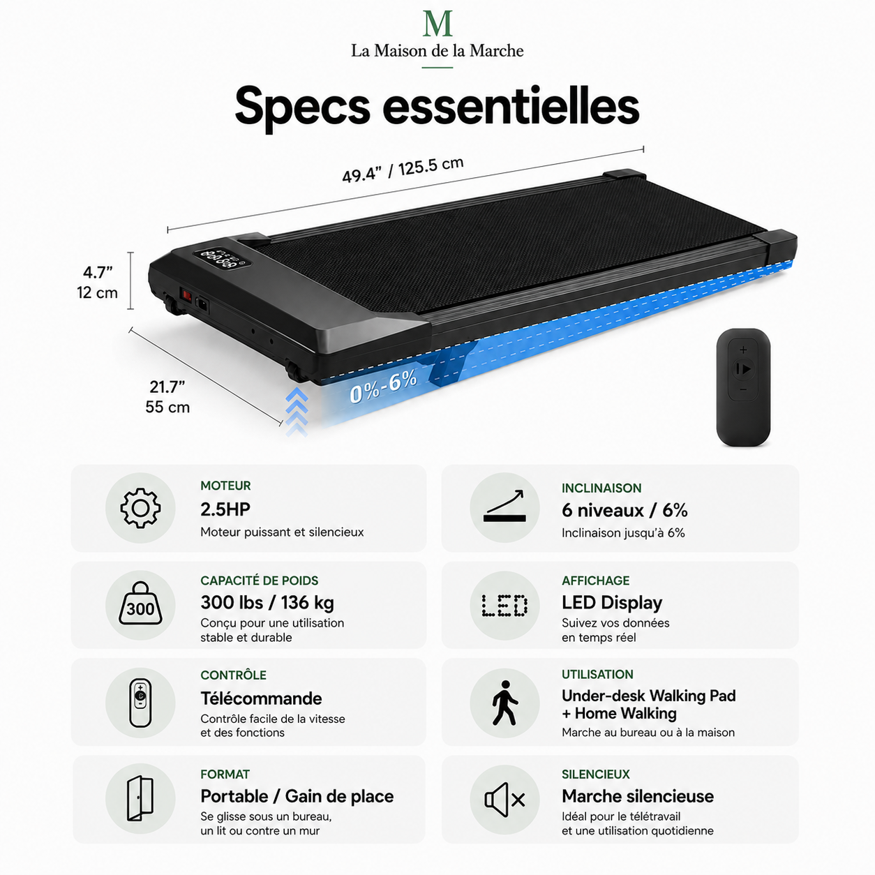 Foldable 6 Slope Under Desk Treadmills 2.5HP Quiet Walking Pad Portable Remote Control LED Display 300LBS Exercise Walkingpad