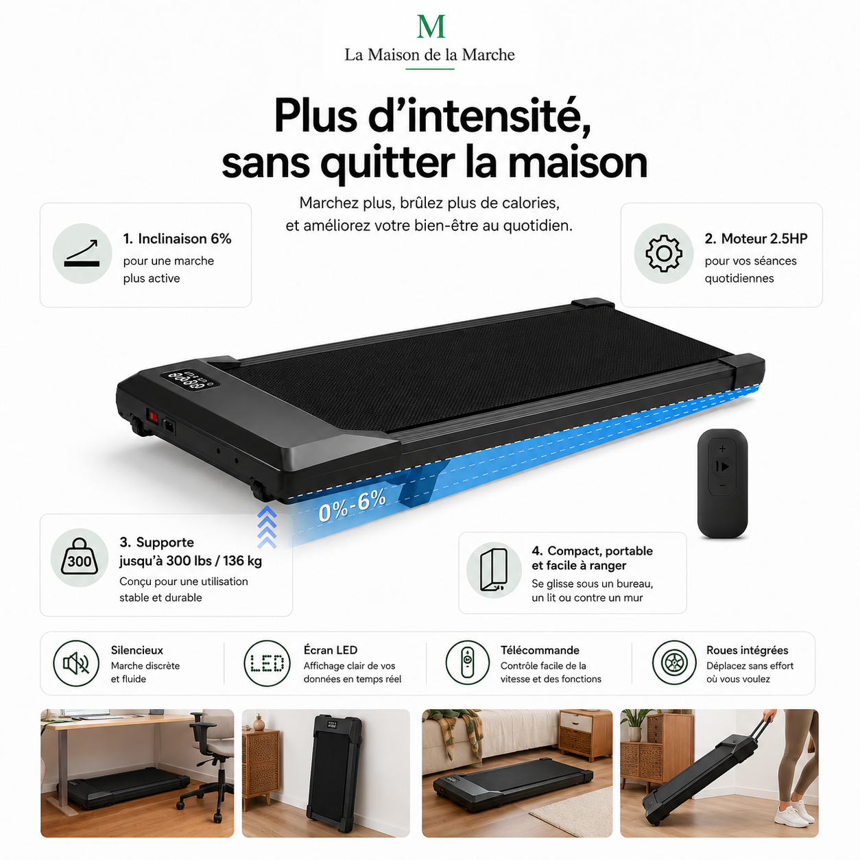 Foldable 6 Slope Under Desk Treadmills 2.5HP Quiet Walking Pad Portable Remote Control LED Display 300LBS Exercise Walkingpad