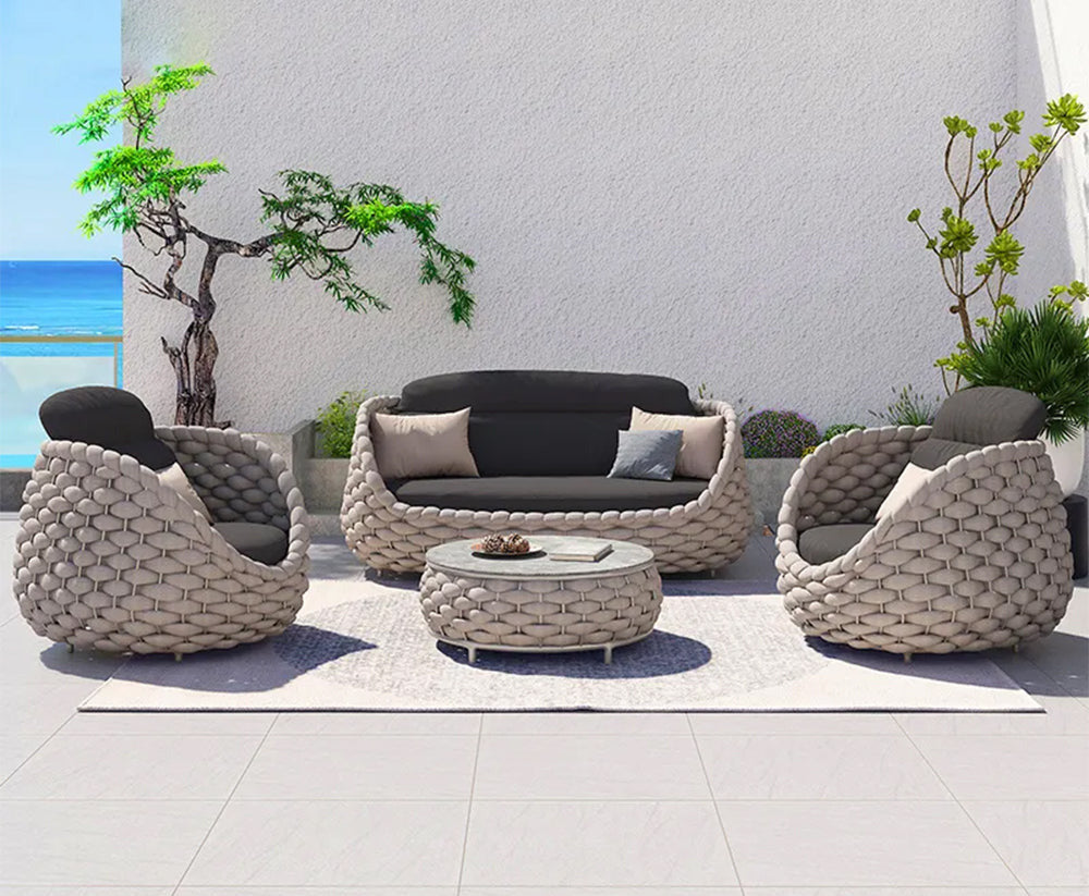 Ensemble de patio Alessia en corde tressée — mobilier d'extérieur élégant et résistant aux intempéries