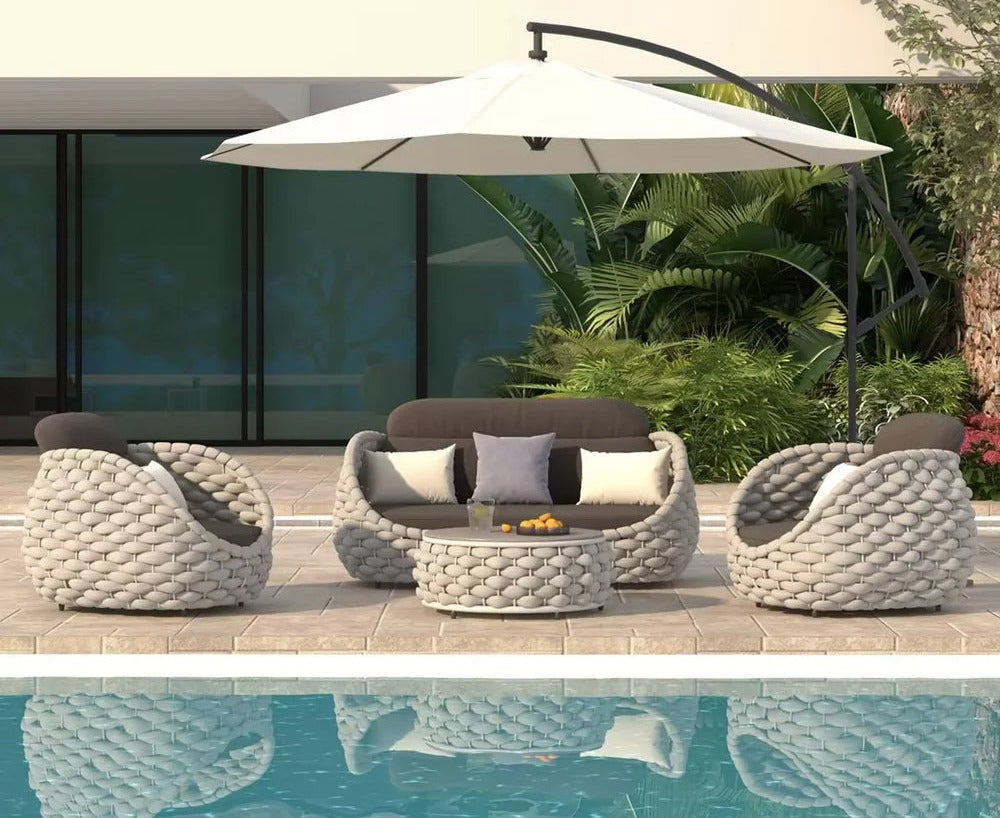 Ensemble de patio Alessia en corde tressée — mobilier d'extérieur élégant et résistant aux intempéries